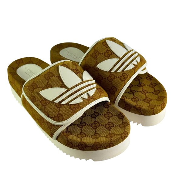 GUCCI X ADIDAS 3518968J 8126 Brown Canvas GG Supreme Men's Slides 8 - 8.5US - Picture 5 of 13